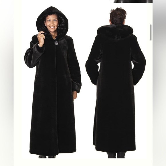 Nuage Full Length Black Faux Sheared Hooded Coat Medium - Picture 2 of 13